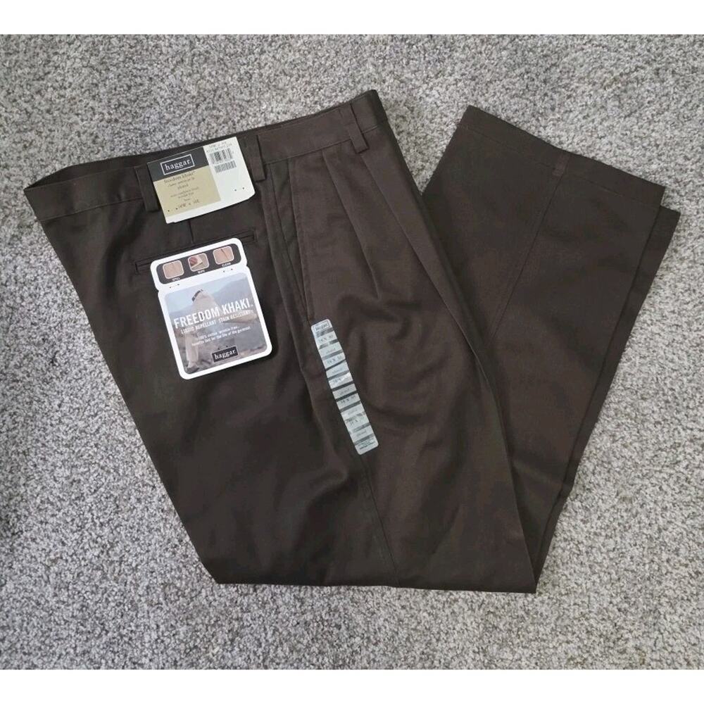 Haggar Freedom Khaki Pant 38x30 Classic American Fit Pleated Brown 100% Cotton